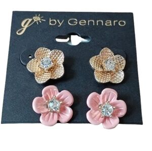 G by Gennaro Floral Rhinestone Stud Earrings 2 Pair Set Gold Pink